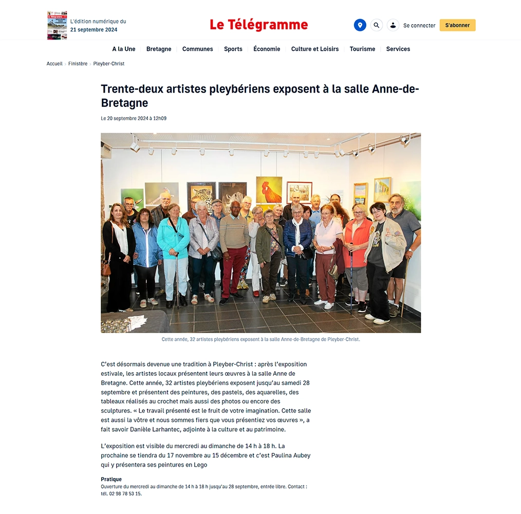 Article Le Télégramme du 20/09/2024 Exposition des artistes pleyberiens